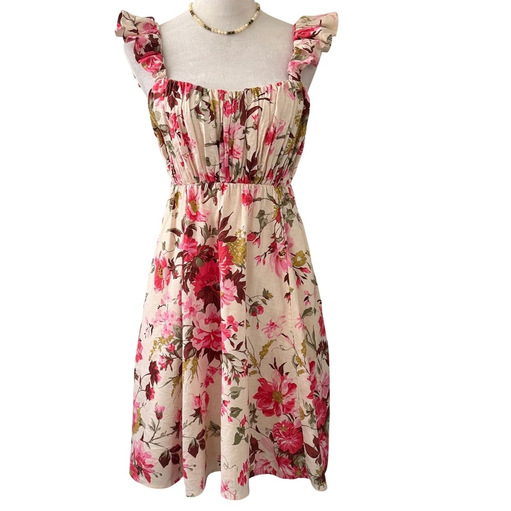 Abercrombie Fitch Floral Puff Strap Linen Cotton Babydoll Mini Dress Medium Tall
